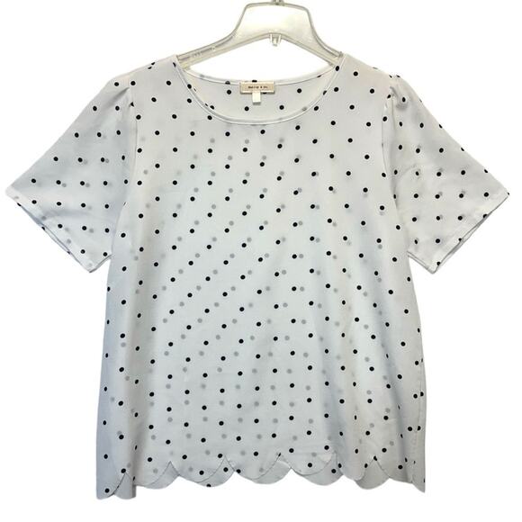 Hailey & Co. Polka Dot Blouse black white short sleeve scalloped hem Size Large - Picture 11 of 11